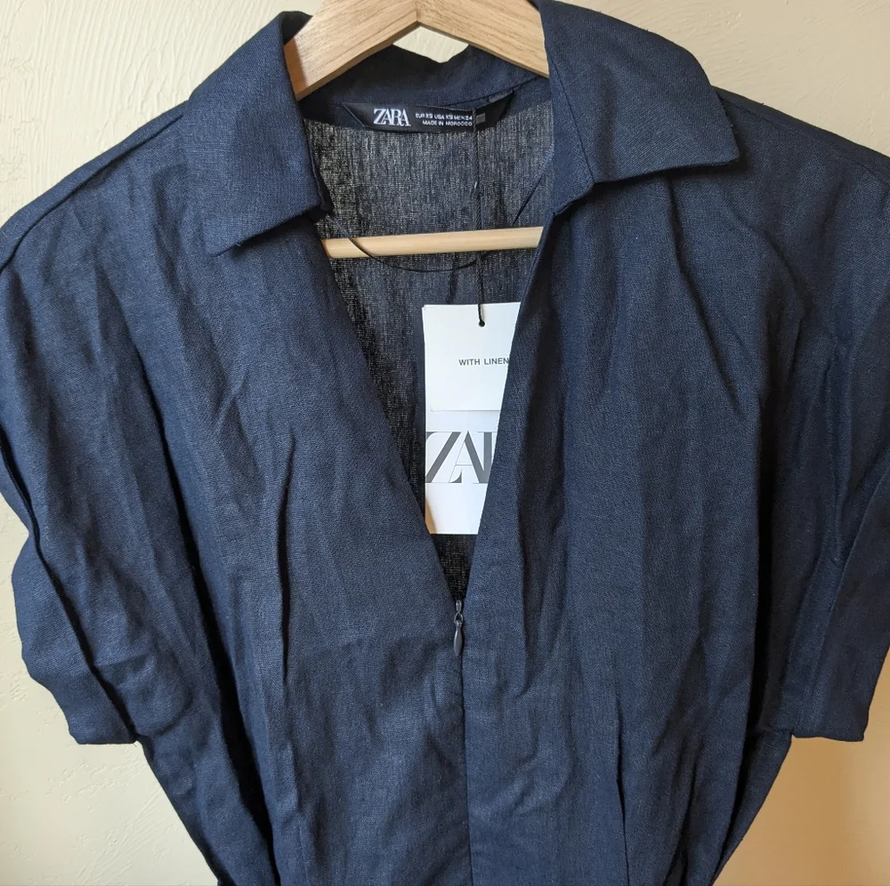 NWT Zara Dark Navy Belted Linen Blend Jumpsuit - Size XS